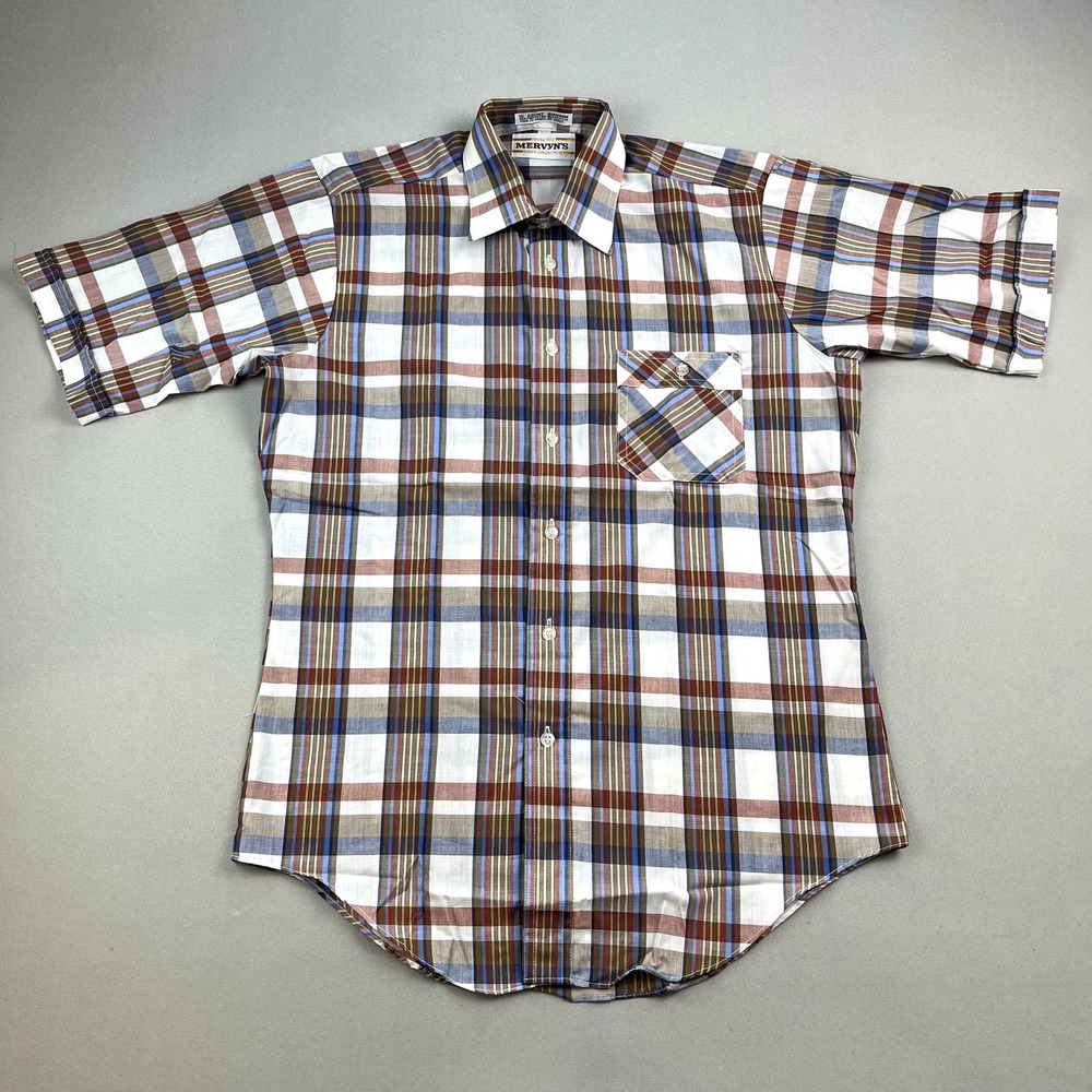 Vintage Mervyns Shirt Adult Medium White Plaid Button Up Short Sleeve Casual 90s